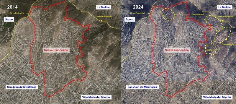 Comparación de fotografías satelitales de Nueva Rinconada entre 2014 y 2024 mostrando la expansión del asentamiento
