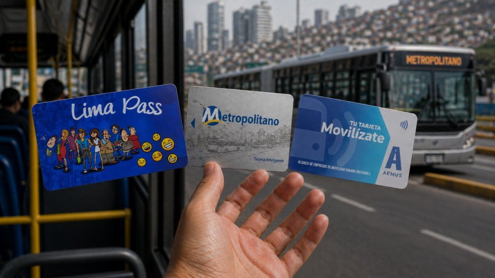 Mano sosteniendo tres tarjetas de transporte de Lima —Lima Pass, Metropolitano y Movilízate— frente a un bus del Metropolitano