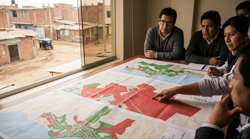 Funcionarios municipales revisando mapas de zonificación territorial en una oficina con vista a un asentamiento urbano