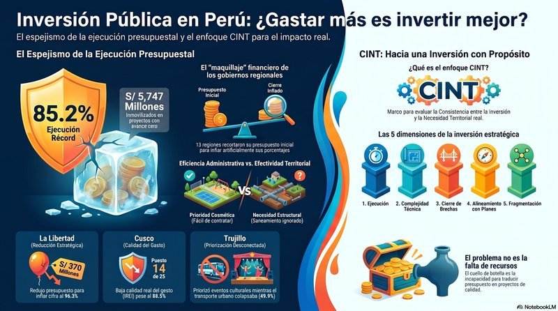 Infografía sobre inversión pública en Perú, el espejismo de la ejecución presupuestal y las cinco dimensiones del enfoque CINT