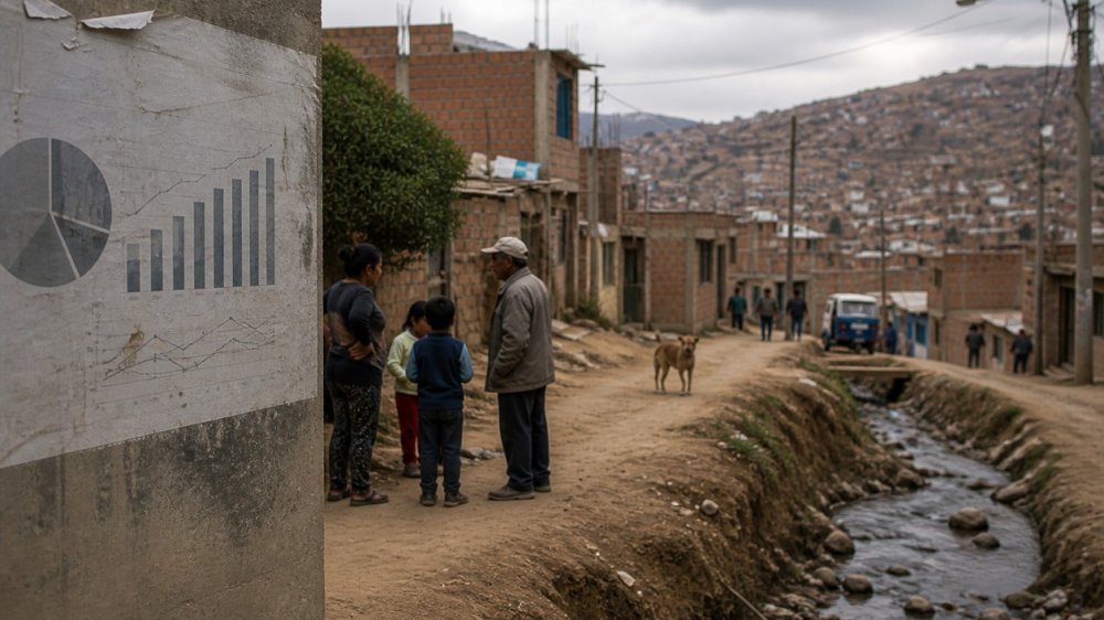 Familia conversando en una calle de un asentamiento urbano popular, junto a un mural con gráficos de barras superpuesto