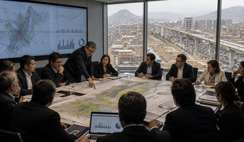 Grupo de funcionarios municipales revisando mapas y datos territoriales en una sala de reuniones con vista a la ciudad