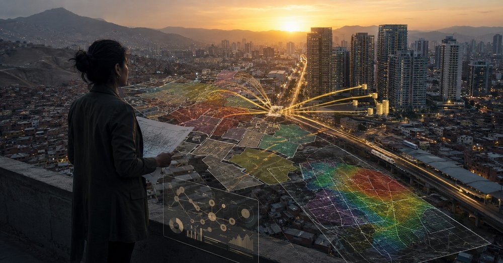 Persona observando desde una azotea un mapa de zonificación urbana superpuesto sobre la ciudad al atardecer