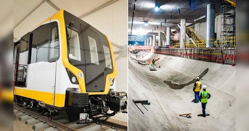 Avance de obras de la Línea 2 del Metro de Lima junto a un nuevo vagón del sistema