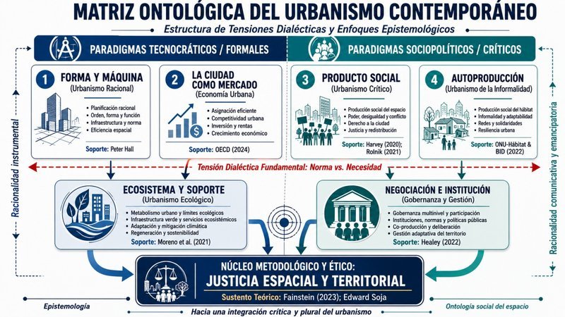 Diagrama de la matriz ontológica del urbanismo contemporáneo con paradigmas tecnocráticos y sociopolíticos