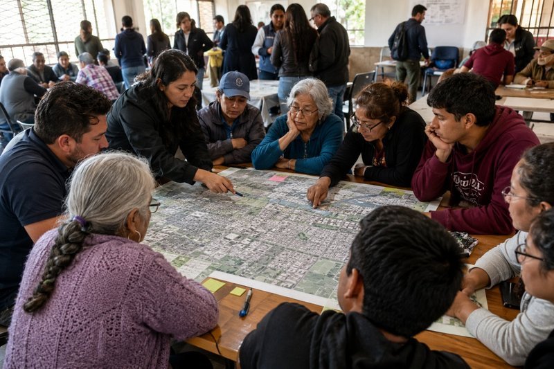 Grupo de vecinos y técnicos revisando un mapa territorial en una jornada de participación comunitaria