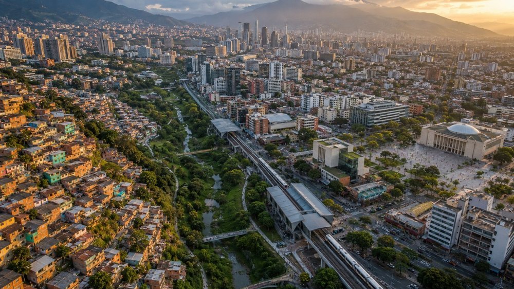 Vista aérea de una ciudad latinoamericana que combina asentamientos populares, infraestructura de transporte y edificios formales